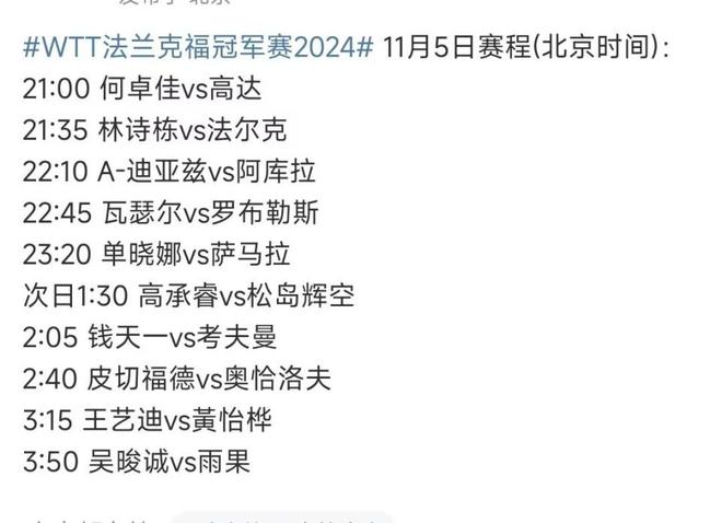 WTT法兰克福冠军赛11月4日+11月5日赛程表+央视选择性直播威廉希尔(图4)