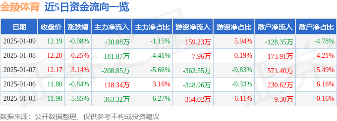 股票行情快报：金陵体育（300651）1月9日主力资金净卖出3088万元(图1)